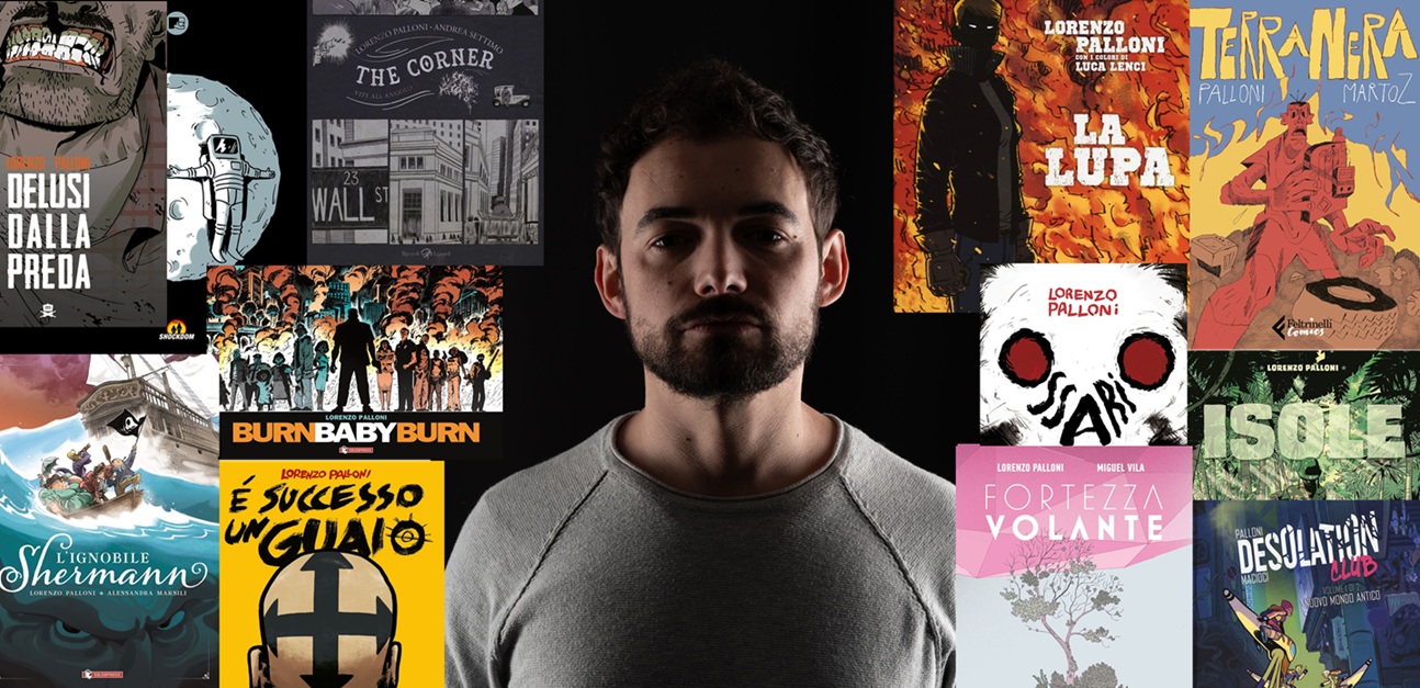 Lorenzo Palloni con le sue opere a fumetti