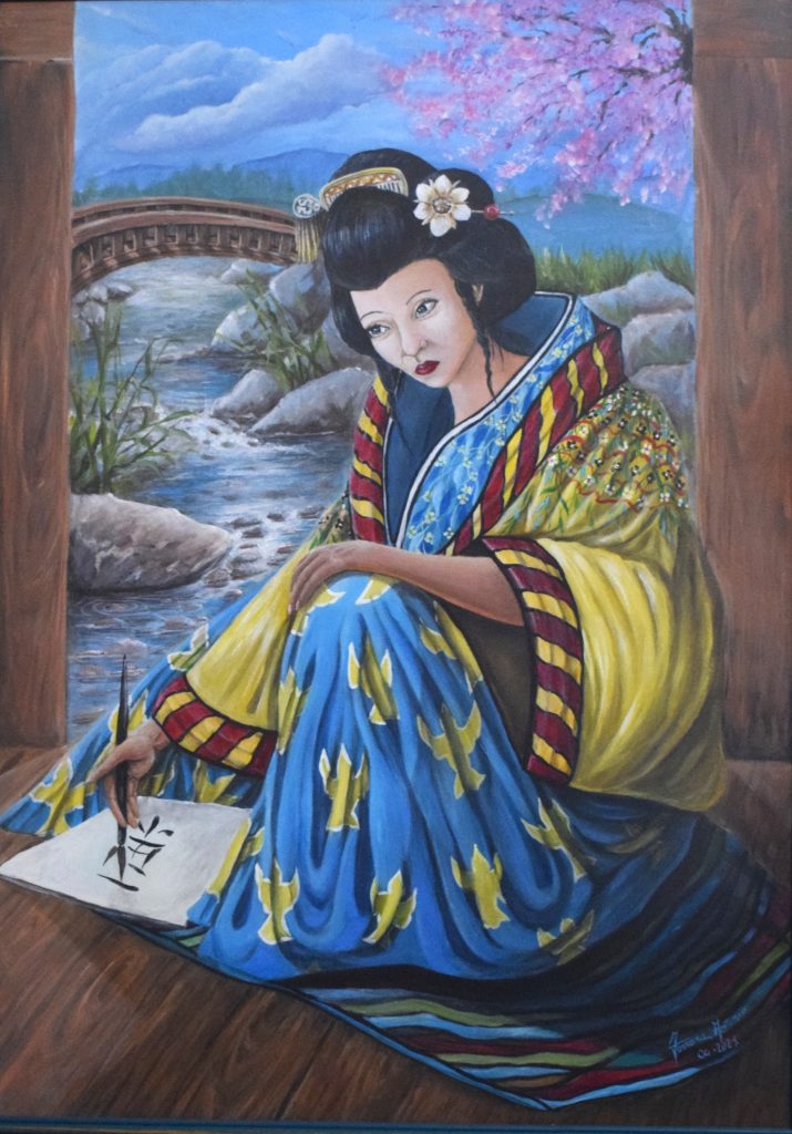 Donna Giapponese con Kimono giallo, 2021 - Acrilico su carta artistica, cm. 50X50