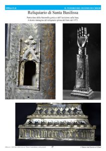 Reliquiario di Santa BasilissaParticolare della finestrella gotica e dell’iscrizione sulla base. A destra immagine del reliquiario prima del furto del 1973.